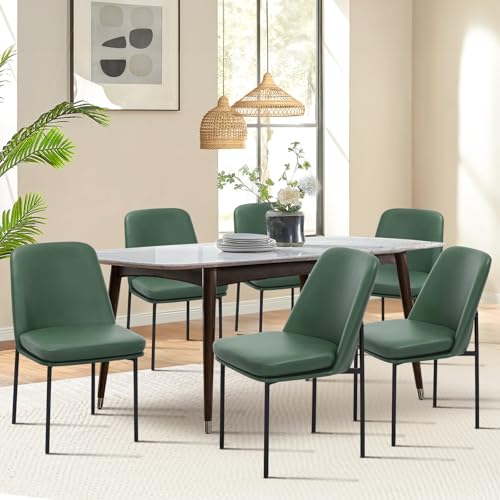 Image of COLAMY Modern Dining Chairs Set of 6, Faux Leather Upholstered Dining Room Chairs Kitchen Chairs Dinner Chair with Curved Back and Metal Legs, Green
