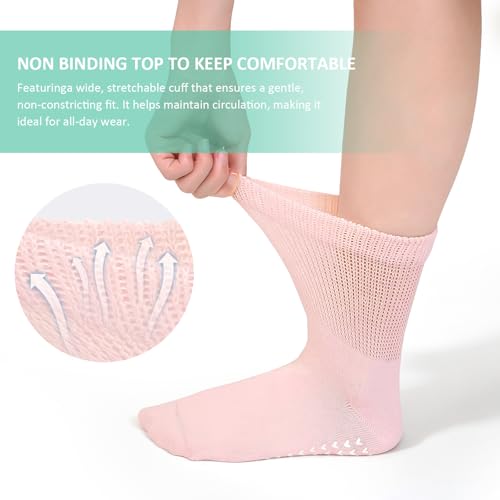 Image of CaiDieNu Non Slip Socks for Women: Non Skid Grip Socks for Elderly Hospital | Non Binding Grippy Crew Slipper Socks for Pregnant & Daily Wear, Wide Grippers Prevent Falls, Great Gifts for Seniors 5 Pairs