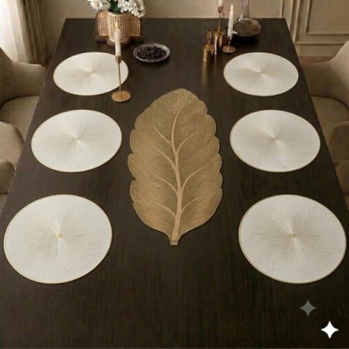 Image of Dakshya Industries PVC Waterproof Round Table Placemat & Table Runner Combo Set | 6 Round Table Mats (38 x 38 cm) + 1 Table Runner | Heat Resistant, Washable, Non Slip Dining Table Decor (Heston)
