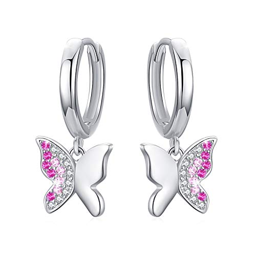 Pendientes Mariposa, Pendientes de aro de plata de ley 925 con Zircon Mariposa para Mujeres Pendientes Colgar Mariposa para Niñas (Rosado) Cover