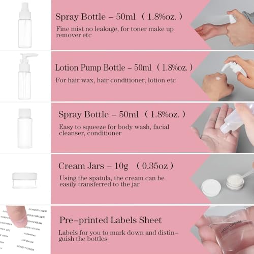 Portable Travel Bottles Kit, Upgraded TSA Approved Leak Proof Toiletry Containers Set, Clear PET Flight Size Cosmetic Containers for Lotion, Shampoo, Cream, Soap, Set of 12, White2