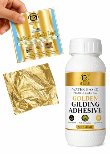 UGLS Gold Leaf Sheets Art (8 x 8 cm, 100 Sheets) with 150 ml Golden Glue Gilding Adhesive | Gold Foil for Gilding, Resin Art, Mysore Painting, Arts & Crafts, DIY Crafts & Furniture Decoration