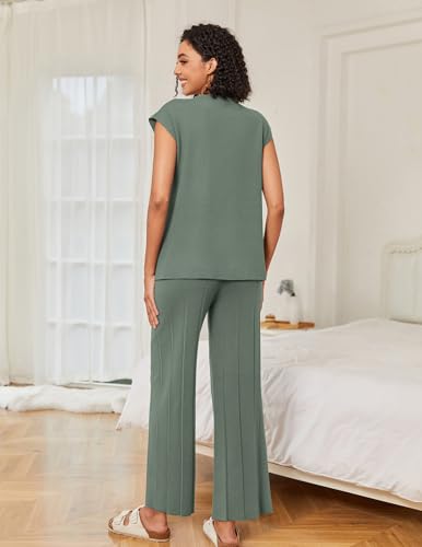 Image of Ekouaer Lounge Sets for Women Two Piece Outfits Knit Cap Sleeve Tops Wide Leg Pleated Pants Casual Dressy Sweater Sets