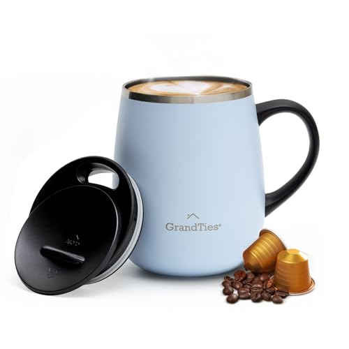 GRANDTIES Taza de café aislada con asa, tapa deslizante para termo a prueba de salpicaduras de 16 onzas, con doble pared de acero inoxidable al vacío que mantiene las bebidas calientes y frías, lago