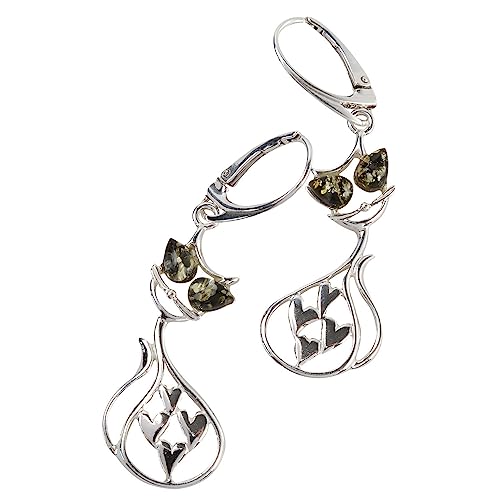 Aretes de plata esterlina 925 y ámbar báltico verde con forma de gato 2
