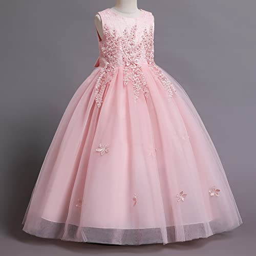Flower Girls Vintage Long Embroidery Floral Lace Bridesmaid Ball Gown Beaded Wedding Pageant Birthday Party Princess Floor Length Boho Dance Puffy Tutus Maxi Dresses Light Pink-Applique 9-10 Years by IBTOM CASTLE - Image 4