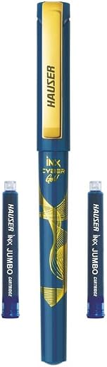 Hauser Inx Cyber Gold Fountain Pen | Smooth Round Nib With Iridium Tip | Unique Liquid Ink System | 2 Ink Cartridges | Blu...