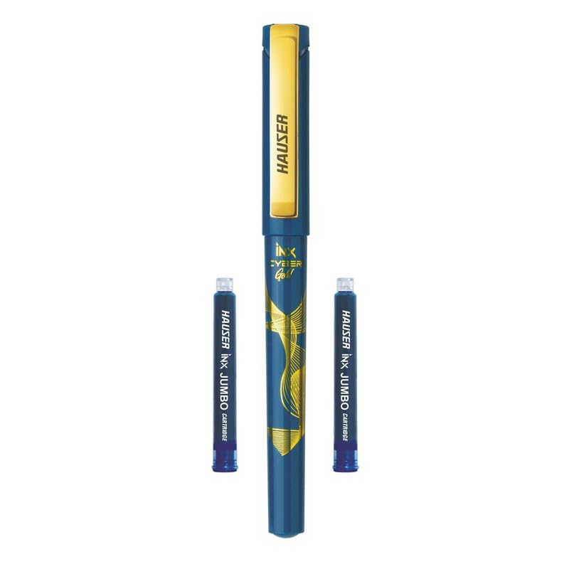 Hauser Inx Cyber Gold Fountain Pen | Smooth Round Nib With Iridium Tip | Unique Liquid Ink System | 2 Ink Cartridges | Blu...