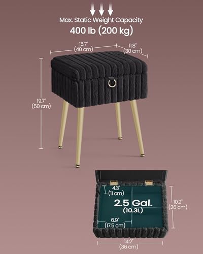 Image of SONGMICS Vanity Stool Chair Faux Fur with Storage, Vanity Bench, Metal Legs, Adjustable Feet, for Living Room, Bedroom, Makeup Room, Ink Black ULOM505BZ02