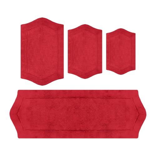 Home Weavers Waterford Collection 100% Cotton Tufted Bath Rug, Extra Soft and Absorbent Bath Rugs, Non-Slip Bath Mats, Machine Washable Bath Mats for Bathroom, 4 Piece Set with Runner, Red