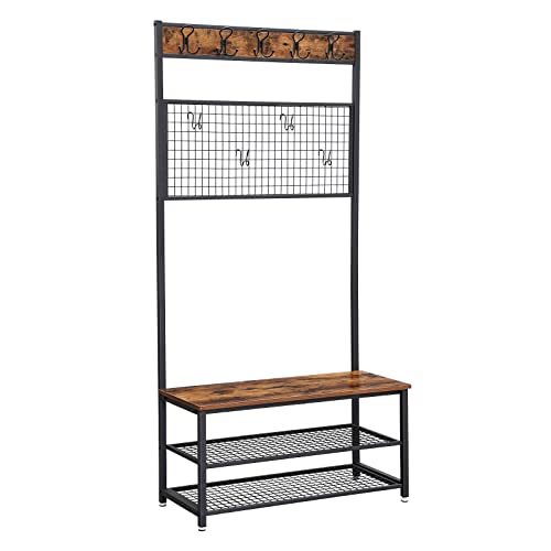 VASAGLE Industrial Coat Rack Stand, Shoe Rack Bench with Grid Memo Board, 9...