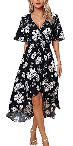 Image of Kormei Womens Short Sleeve Floral Maxi Dress High Low V-Neck Flowy Party Long Dresses M Navy /White