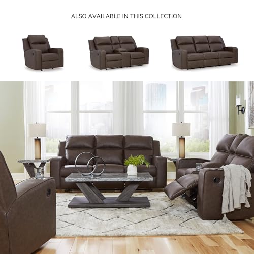 Image of Signature Design by Ashley Wall Hugger Reclining Loveseat with Console | Heavyweight padded faux leather feel, Center console with 4 cup holders and manual pull-tab recline, Lavenhorne Series