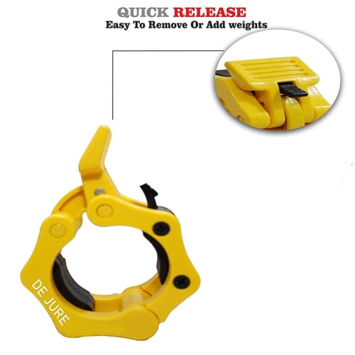 Image of De Jure Fitness Olympic Barbell Collars 2 Inch Pair - Quick Release Locking Design - Heavy Duty ABS Lock-Jaw Barbell Collars for Weightlifting, Powerlifting, CrossFit & Strength Training - Yellow