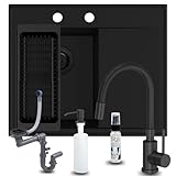 SINK QUALITY Spülbecken Komplettset mit Armatur 60x50 cm - Küchenspüle Schwarz mit Abtropffläche - inkl. Küchenarmatur, Seifenspender, Sieb, Siphon - Einbauspüle links für 40er Unterschrank