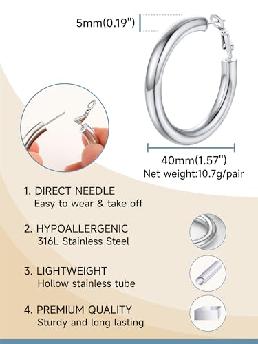 Image of Stainless Steel Chunky Hoop Earrings For Women, Minimalist and Chic, Black /Gold Plated, Round Hoops Earrings Hypoallergenic, Size: 30mm /40mm /60mm /80mm, Come with Box