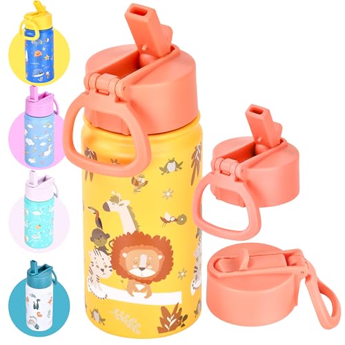 Hydrate bottles stainless steel water bottle kids 350ml lion print toddler water bottle with straw non leak lid one hand operation push button cap for school or field