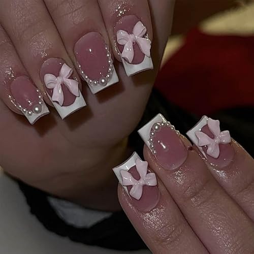 UEYRSEDB Bow French Tip Press on Nails Short Square Fake Nails with 3D Pink Bow Pearl Charms Design White Tips Nails Cute Glue on Nails Acrylic Artificial Stick on Nails for Women Girls 24Pcs