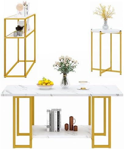 AWQM 3pcs Living Room Table Set, Faux Marble White Coffee Table &...