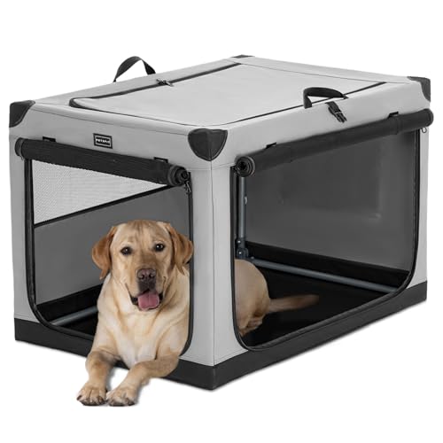 Petsfit Trasportino per cani pieghevole con telaio in tubo di acciaio sicuro per cani di taglia media (lunghezza: 90 cm x 60 cm x 59 cm, grigio (tessuto Oxford)