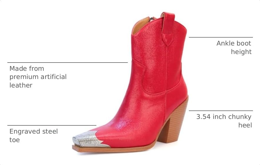 Image of Cowboy Ankle Boots for Women Engraved Steel Toe Cowgirl Boots Stacked Block Heels Short Cowboy Boot Fashion Dressy Western Country Booties