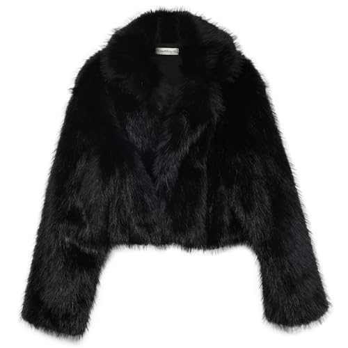 Amazhiyu Women's Faux Fur Crop Lapel Jackets Open Front Long Sleeve Coat Pockets