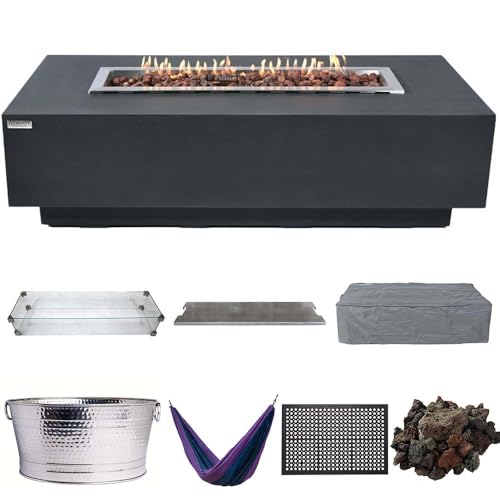 Elementi Granville Dark Grey Fire Pit Outdoor Firepit Set Includes 60” Natural Gas Concrete Firepit Table, Glass Windscreen, Stainless Steel Cover, Canvas Cover, Floor Mat, Hammock, Beverage Tub