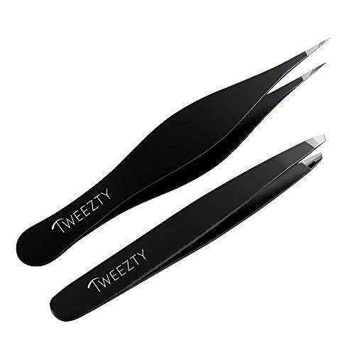 Tweezty Tweezer Set of Slanted Tweezers and Precision Tweezers - Stainless Steel Pointed Tweezers for Ingrown Hair, Eyebrow Plucking, and Blackhead and Splinter Removal