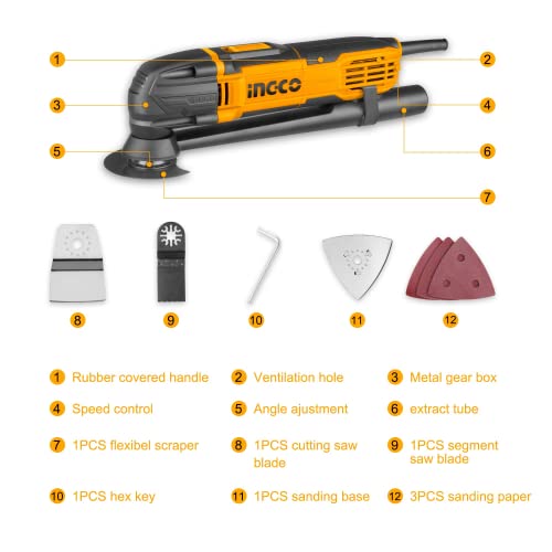 INGCO Oscillating Multi Tool, 300W | 6 Speed Control | 20000rpm | Angle Ajustment, Multi Oscillating DIY Tool Kit, Multi-Tool Kit with 8 pcs Accessories for Sanding, Grinding, Scratching, Polishing