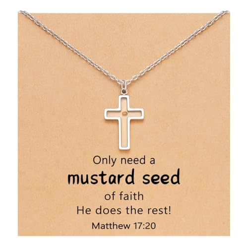 Mustard Seed Necklace for Women Stainless Steel Faith Mountain Cross shape Mustard Seed Necklace with Gift Card