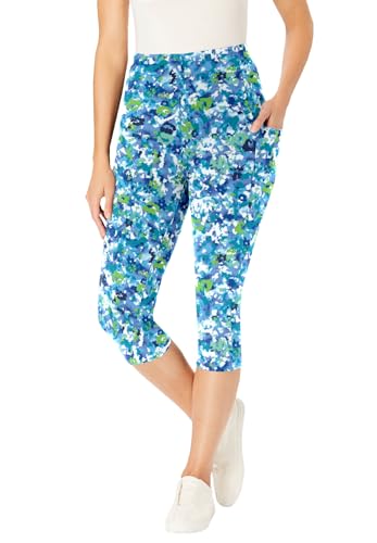 Woman Within Plus Size Women’S Plus-Size Stretch-Cotton Knit Pull-On Printed Pocket Capri Leggings