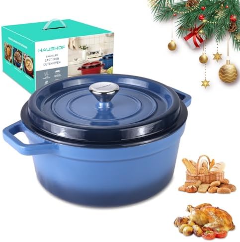 HAUSHOF 5.3QT Enameled Cast Iron Dutch Oven with Lid, Non-Stick Pot for Sourdough Bread Baking, Stewing, Rosting, Blue