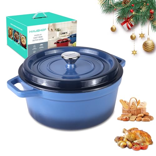 HAUSHOF 5.3QT Enameled Cast Iron Dutch Oven with Lid, Non-Stick Pot for Sourdough Bread Baking, Stewing, Rosting, Blue
