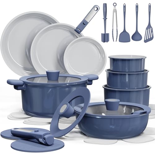 CAROTE 27pcs Ceramic Cookware Set Nonstick, Pots and Pans Set Non Stick, Non Toxic Cookware Detachable Handles, Dishwasher/Oven Safe, RV/Camping Cookware, Pan and Pot with Kitchen Utensils, Navy Blue