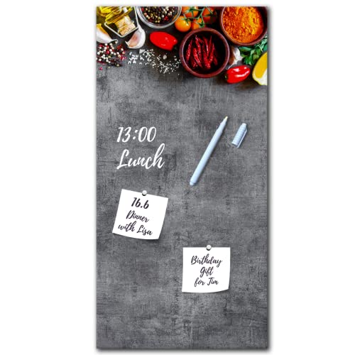 Memoboard Grey Spices L 30 x 60 cm | Magnettafel aus Glas zum beschriften hochkant | Optimal geeignet für Küche und Esszimmer als funktionaler Eyecatcher | Gewürze Paprika Öl Kräuter grau bunt Cover