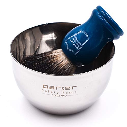 Image of Parker 100% Black Badger Shaving Brush with Blue Wood Handle & Stand - Premium Wet‑Shaving Lather Brush for Men