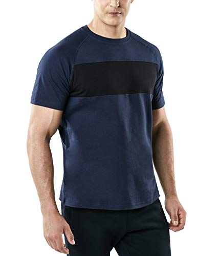 TSLA Men's Workout Running Shirts, Quick Dry Cool-Dri Short Sleeve Athletic Shirts, Active Sport Gym T-Shirts, Dyna Cotton Color Block(mts53) - Navy, Large
