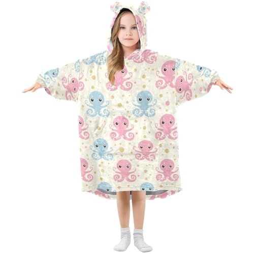 Couverture à capuche enfant pieuvre à pois en polaire chaude pour fille et garçon