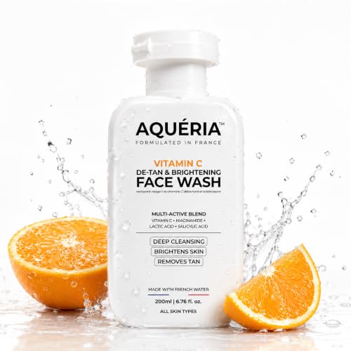 Aqueria De-Tan & Brightening Vitamin C Face Wash | With Lactic Acid & Niacinamide | Deep Cleansing Face Cleanser for Tan Removal, Pigmentation, Dark S