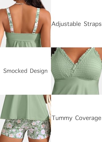 Image of ROSEWE Womens Tankini Bathing Suits, Two-Piece Smocked Swim Dress, Print Swimsuits with Board Shorts
