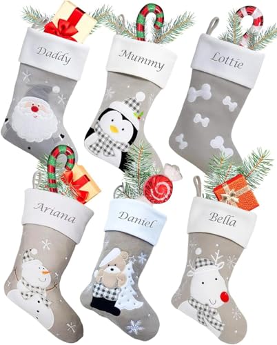 Hoolaroo Personalised Christmas Stockings – Custom Silver Name Embroidered Christmas Stocking w/Satin Lining - SANTA DESIGN (40cm) Personalised Stocking Christmas Decoration Family Adult Baby Xmas