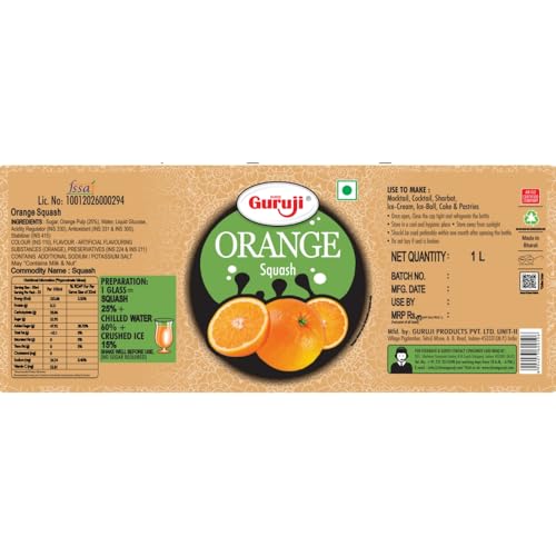 Image of Shree Guruji Orange Squash Instant Refreshing Syrup Drink for Summer 1 Litre | Tangy Orange Beverage Concentrate | Traditional Fruit Drink Mixer