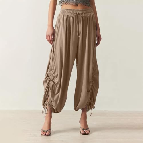 Palazzo Harem Pants Women with Pockets Boho Low Rise Pleated Wide Leg Cropped Pants Loose Side Slit Lounge Pants2