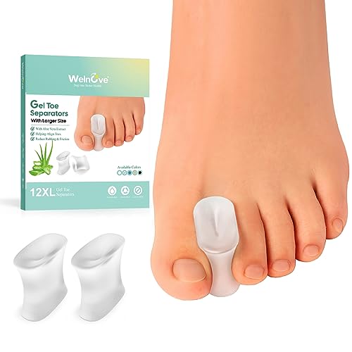 Image of Welnove Upgraded Gel Toe Separators - 12-Pack Aloe Vera Extract Infused Silicone Toe Spacers for Straightening Overlapping Toes, Bunions, Calluses - Bunion Corrector for Men and Women (X-Large Size)