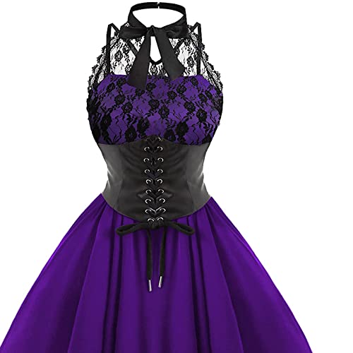 Women's Sleeveless Gothic Lace Dress 80s Fancy Dress Corset Halter Lace Swing Cocktail Purple steampunk buy now online