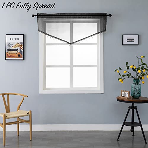 Pearage Beaded Sheer Triangle Valance Curtains For Living Room,Rod Pocket Farmhouse Window Valance, Bead Trim Tassel Voile Sheer Curtain Valance For Bedroom Bathroom Cafe 51X24 Inches (Black) 1Pc #TOP2