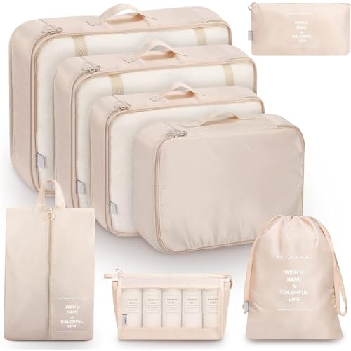 Moslyn 8 PCS Packing Cubes for Suitcases Travel Luggage Packing Organizers Set with Shoe Bag Clothes Storage Bag Travel Essentials for Carry on (Beige)