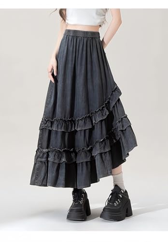High Waisted Asymmetrical Tiered Ruffle Denim Long Skirt Women Y2k Cute Casual Flowy A Line Jean Midi Skirts3