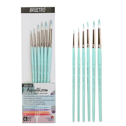 BRUSTRO AquaBloom Artist's Paint Brushes | Round | Set of 6 - Sizes (0, 2, 4, 6, 8, 10) | Wooden Handle, Comfortable Grip, Synthetic Bristles, Ideal for Watercolour, Gouache, Painting