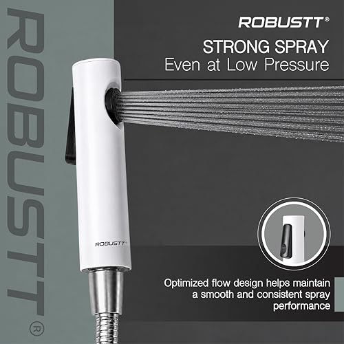 Image of Robustt Health Faucet for Toilet ABS Jet Spray Gun (White) with 1.2 m Premium 304 Stainless Steel Hose & Wall Holder | One-Press Water Control, Anti-Rust Body, Leak-Proof | for Bathroom and Cleaning